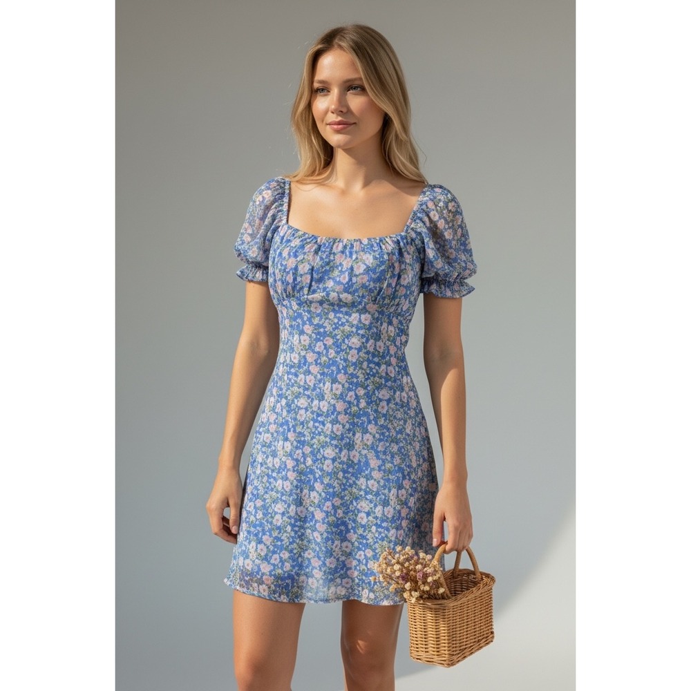 NEW Blue Floral Puff Sleeve Mini Dress XL Cottagecore Summer Gold Pink Blue